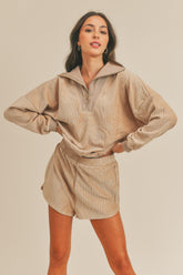 Corduroy Half Zip Top and Shorts Set Mable Taupe S